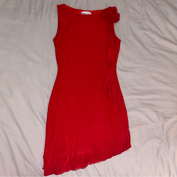 Princess Polly 4 Lorello Mini Red Dress, One Shoulder Rosette Ruffle Trim - Picture 6 of 12